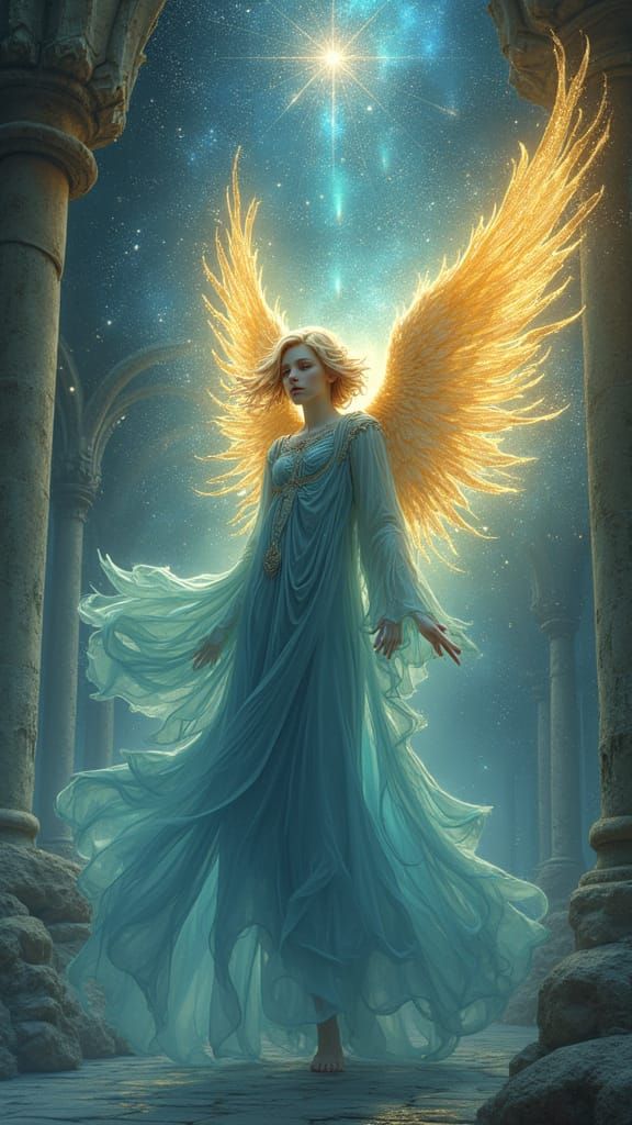 Luminous Angel in Space Cathedral, Art Nouveau Style