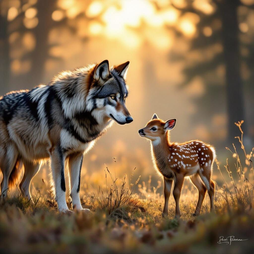 Majestic Wolf and Elk Calf in Golden Hour Forest