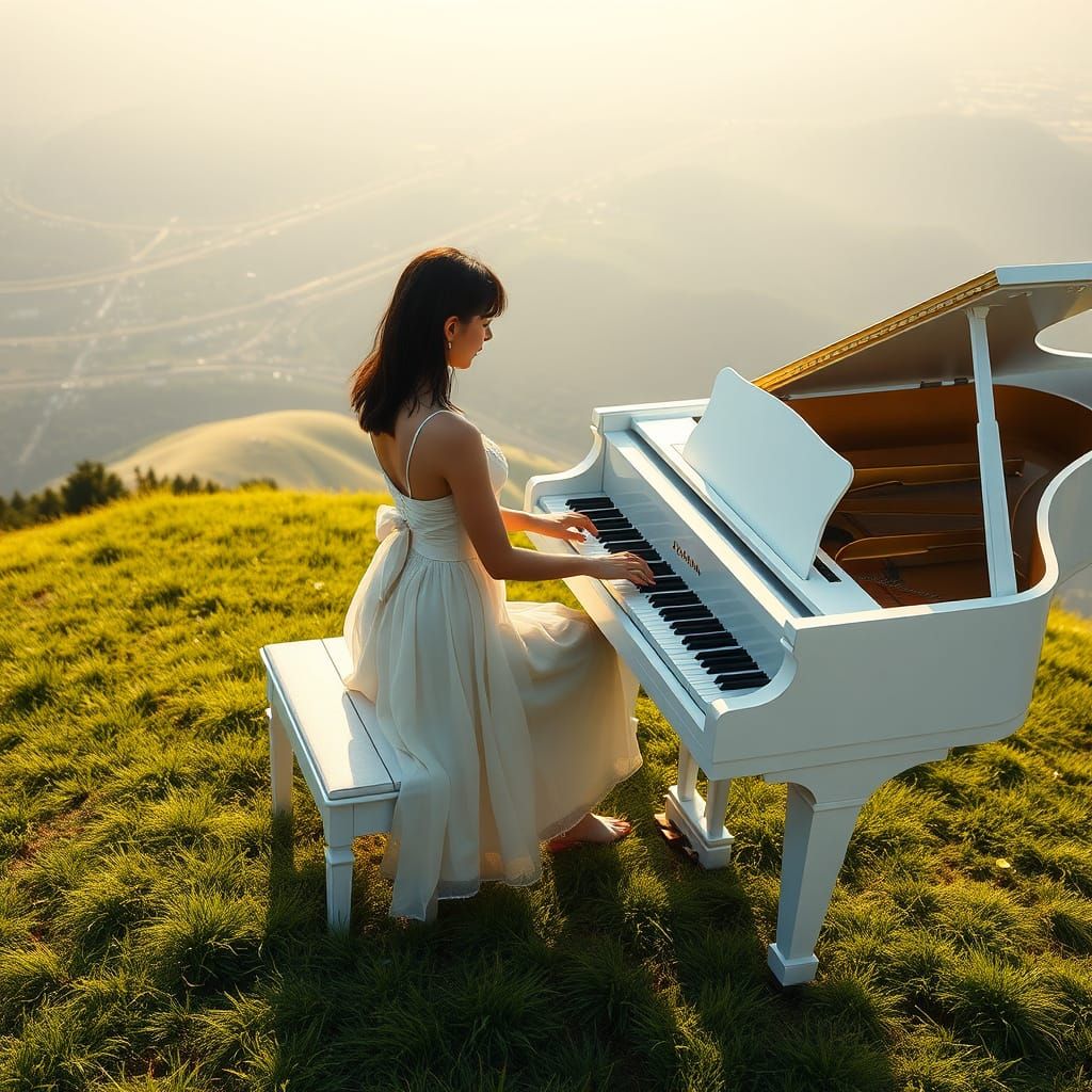 Young Woman Plays Piano Under Warm Summer Sunshine