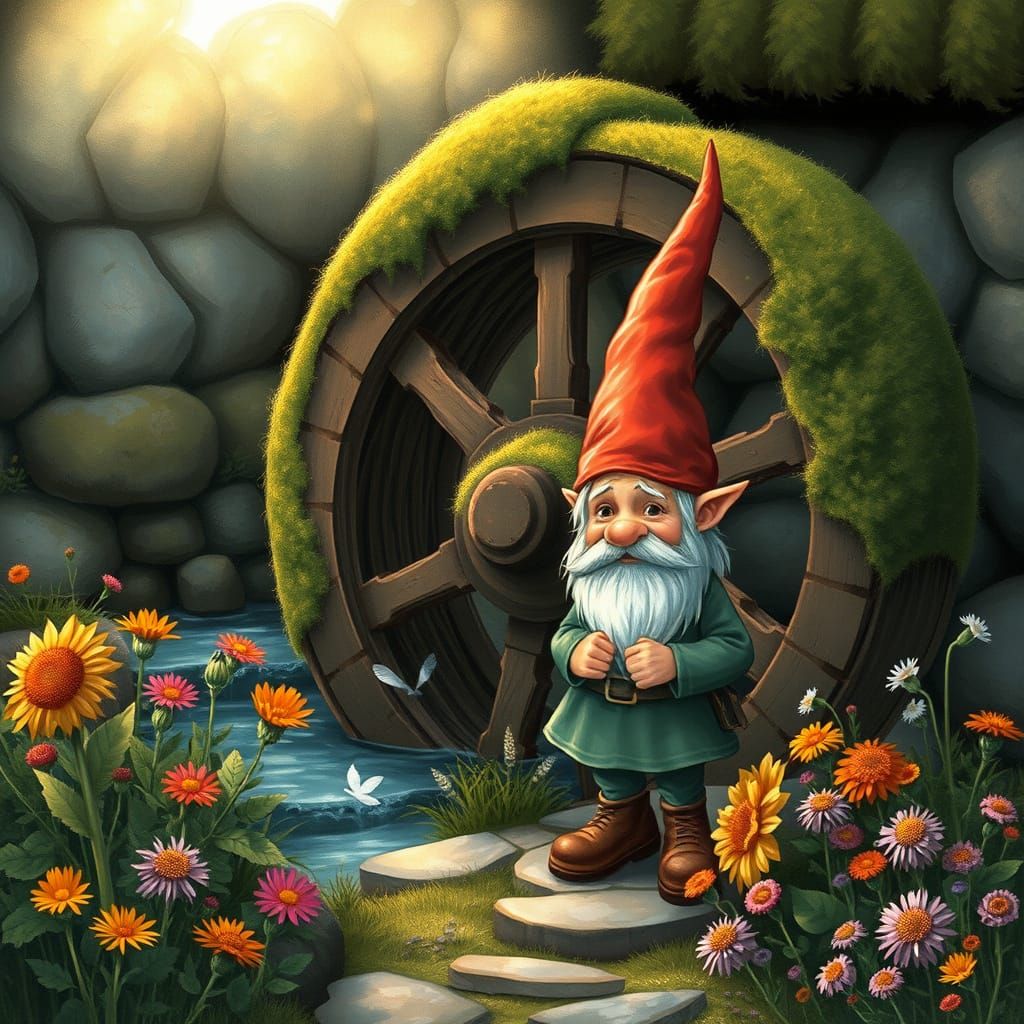 Whimsical Gnome Beside Earthy Waterwheel in Lush Forest