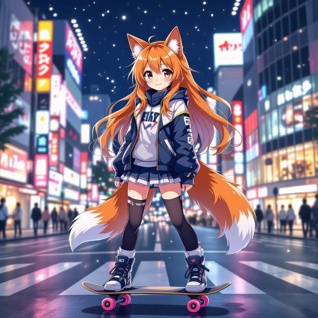 Anime Kitsune Skater Girl in Night Shibuya