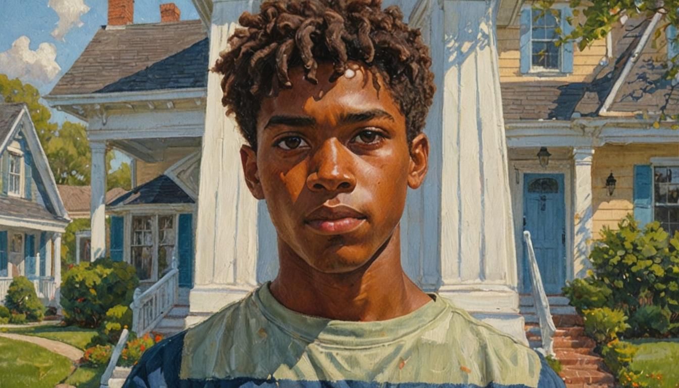 Teenage Boy Portrait in Front of Suburban House