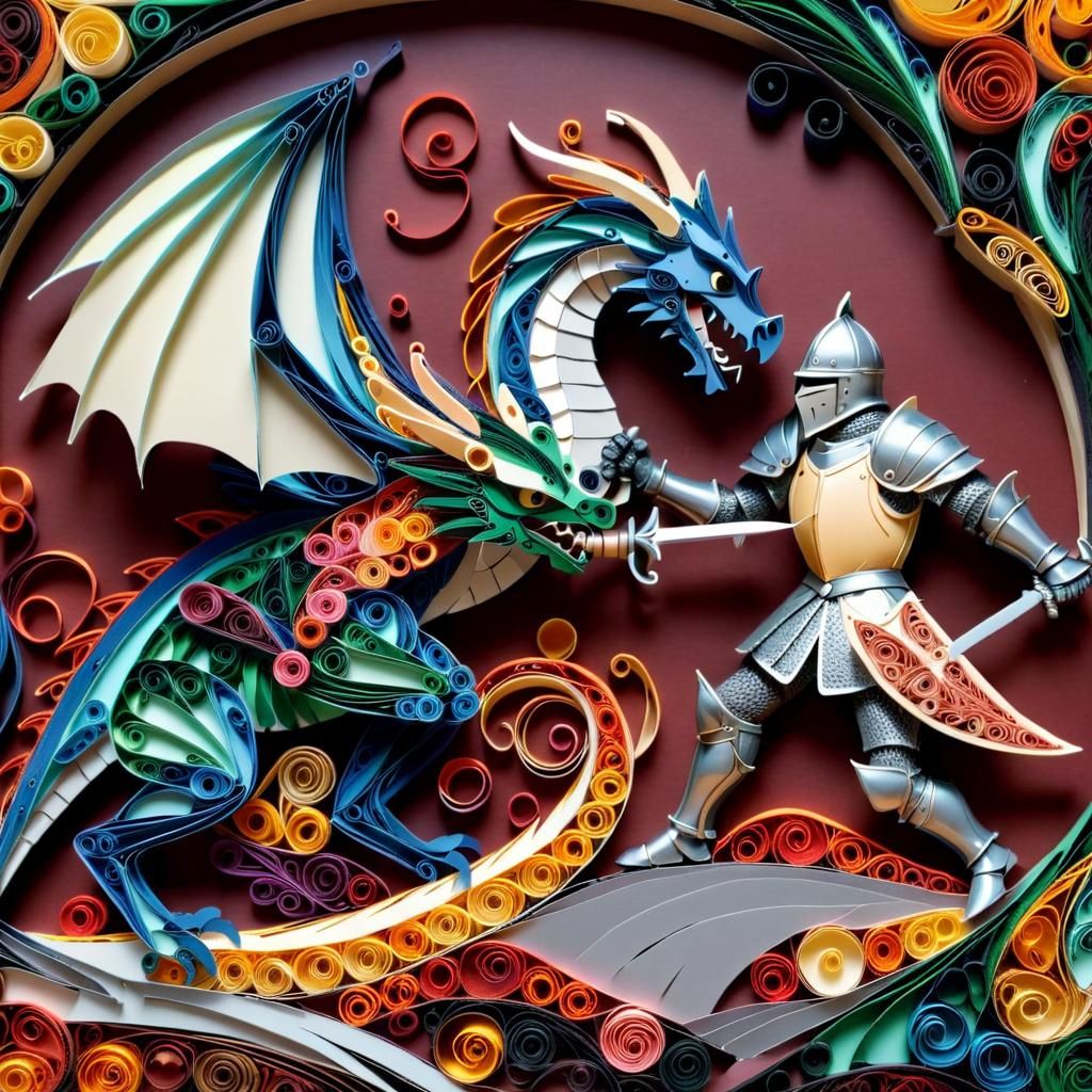 Knight Battles Dragon in Quilling Style, 8k