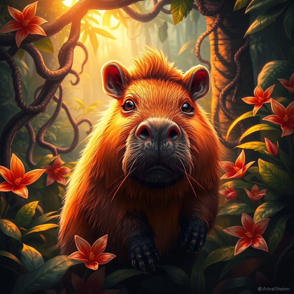 Fantasy Rainforest Capybara with Whimsical Touches