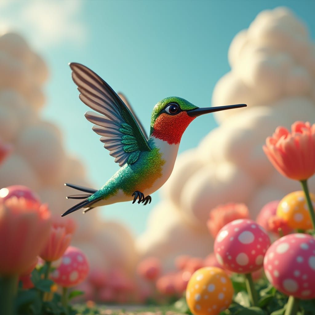 Claymation Hummingbird in a Candy Garden