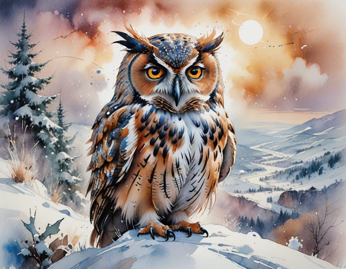 Whimsical Watercolour Owl in Snowy Landscape