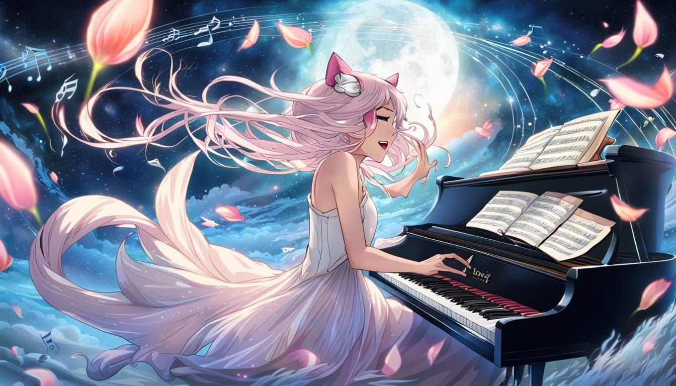 Ethereal Aetherpunk Cat Girl with Music Notes