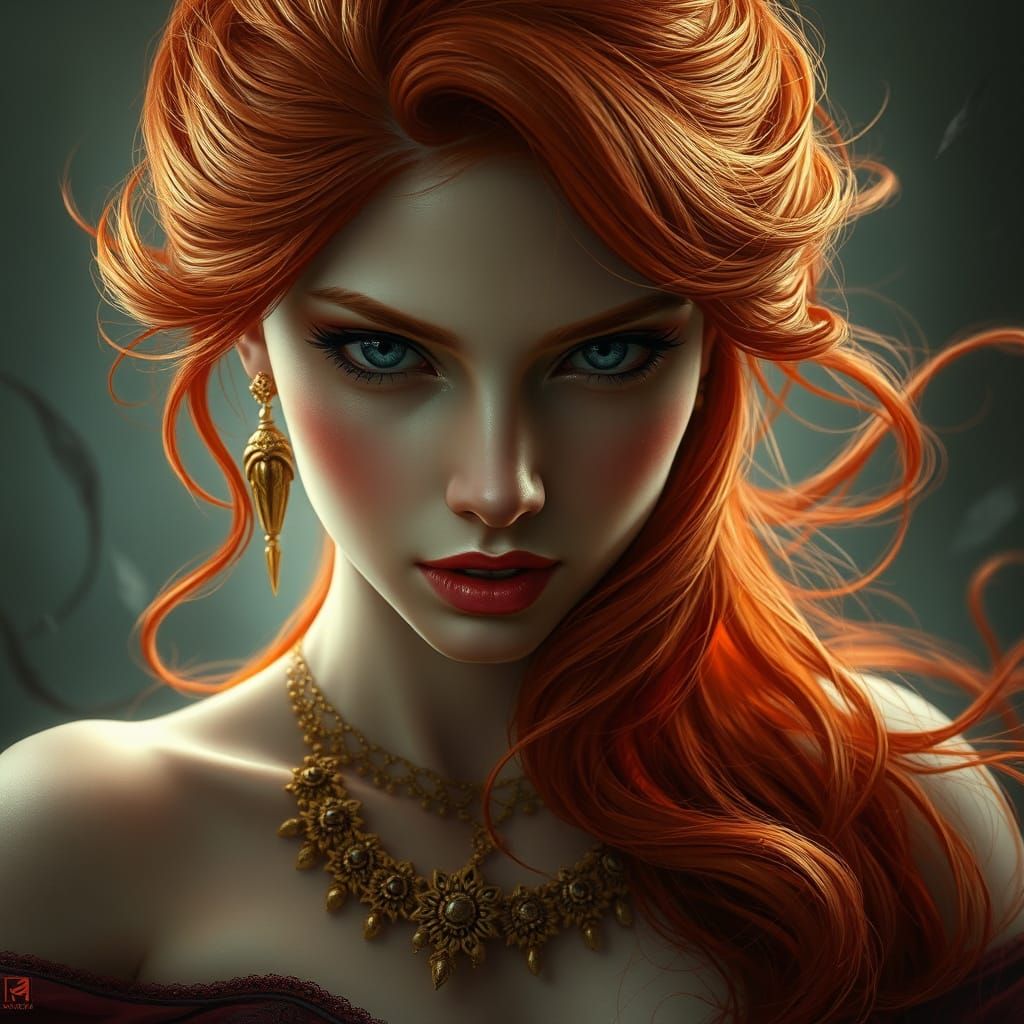 Ethereal Redhead Goddess in Dark Fantasy Realm