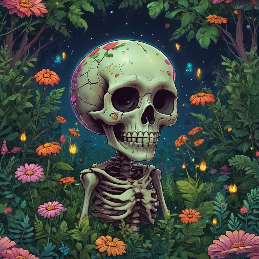 Cute Cartoon Skeleton with Big Head in Dreamy Scene