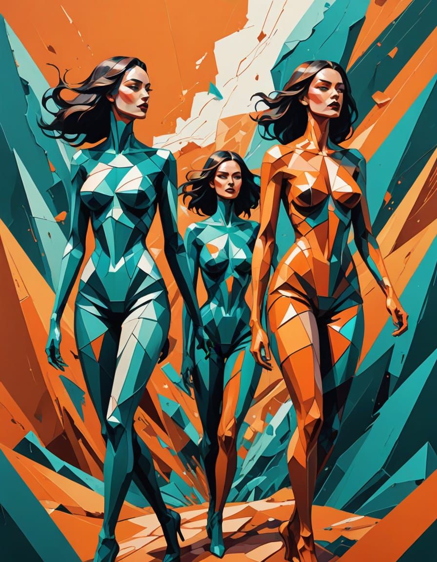 Surreal Geometric Figures in Orange and Teal Landscape