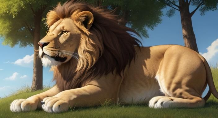 Lonely lion with a dense mane