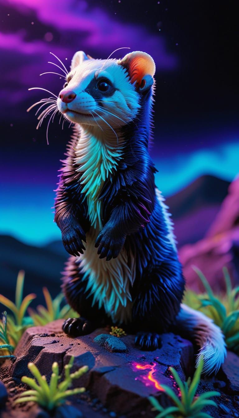 Ferret Gazing at Horizon in Neon Claymation Style