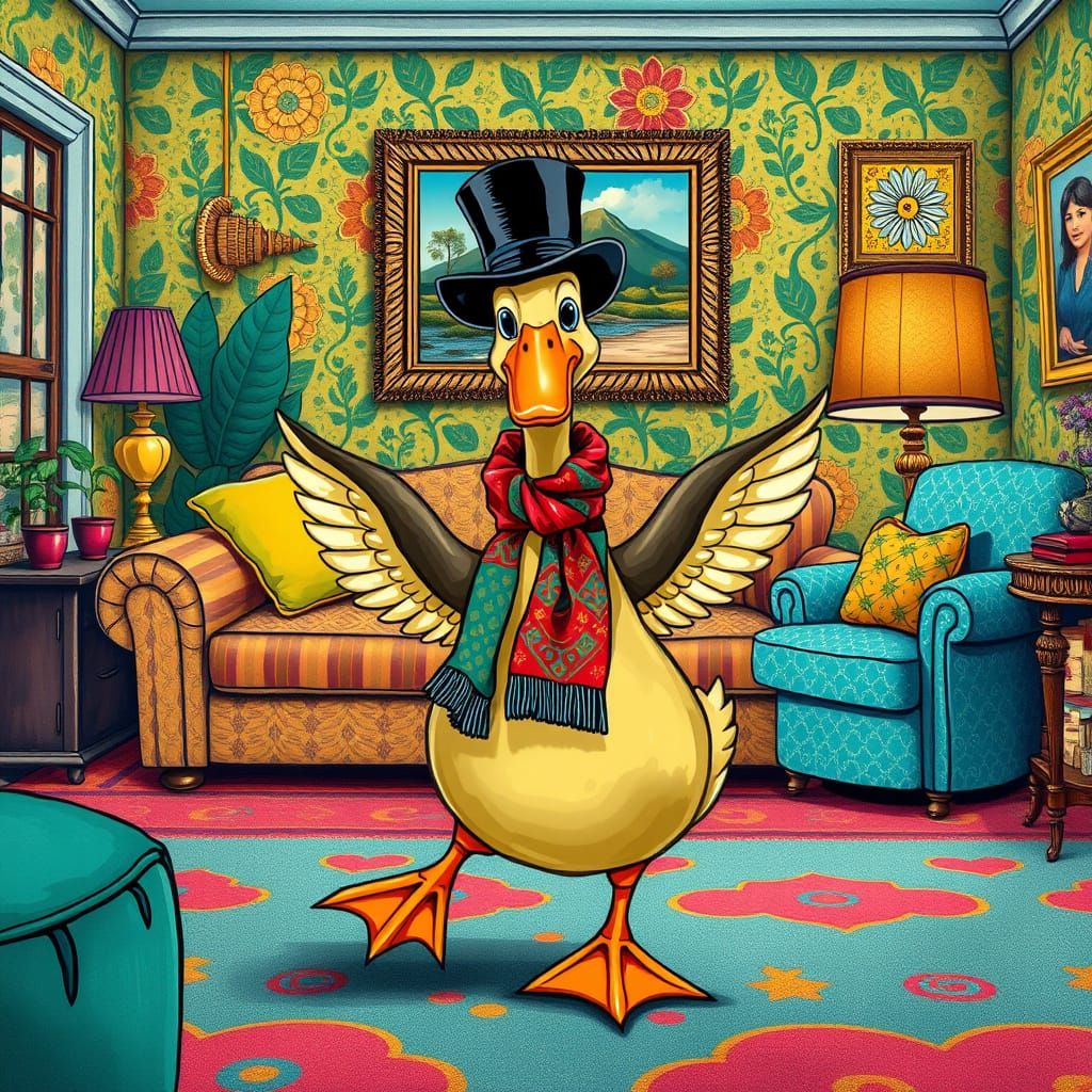 Dancing Duck in Living Room, Charley Harper Style