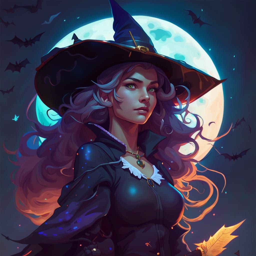 Teenage Witch Rides Broom on Halloween, Digital Art