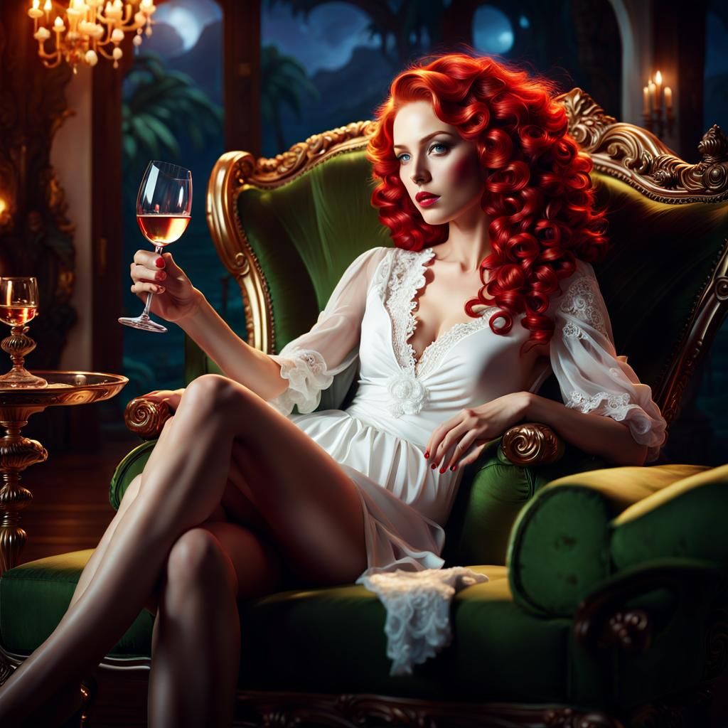 Woman with Red Hair Reclining with Wine