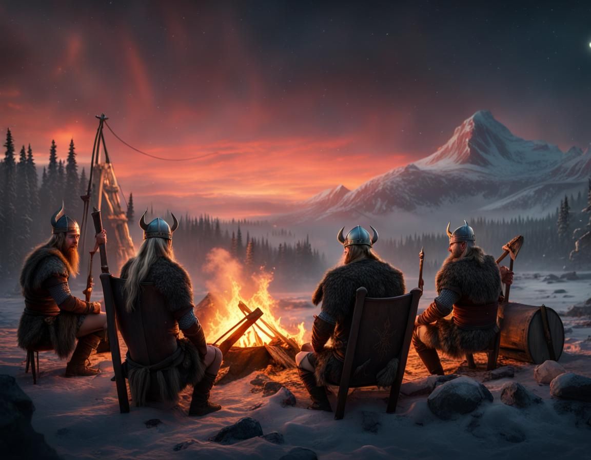 Viking warriors around a campfire