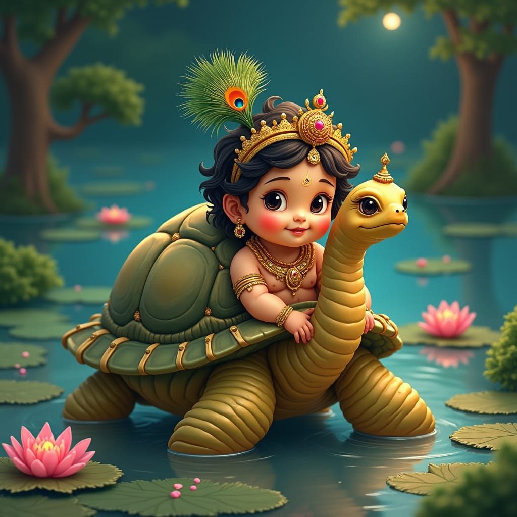 Little Krishna as Tortoise in Dreamlike Indian Art