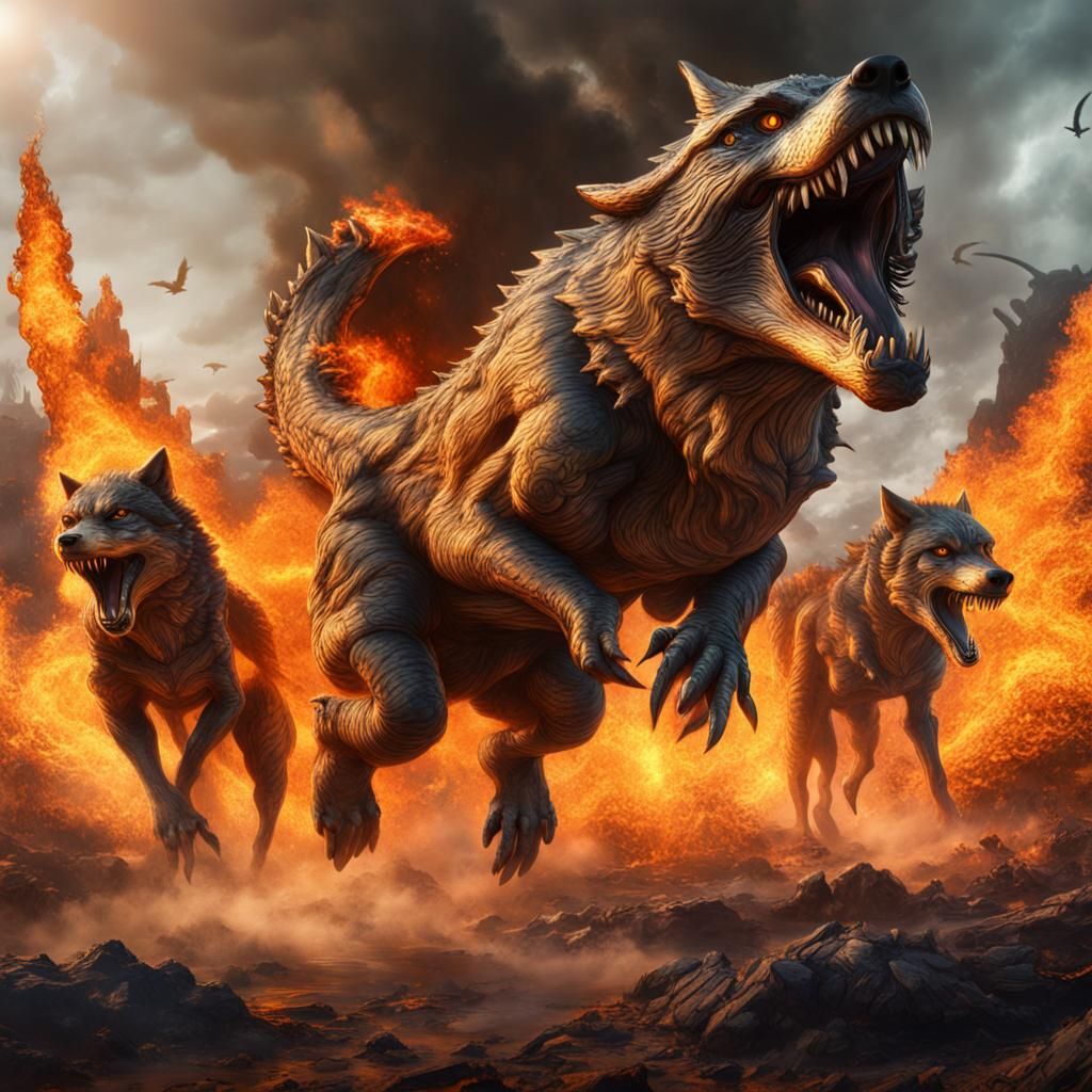 Wolves Attack Allosaurus in Fiery Landscape