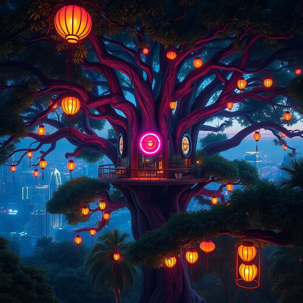 Majestic Retro-Futuristic Treehouse Amidst Banyan Tree and C...