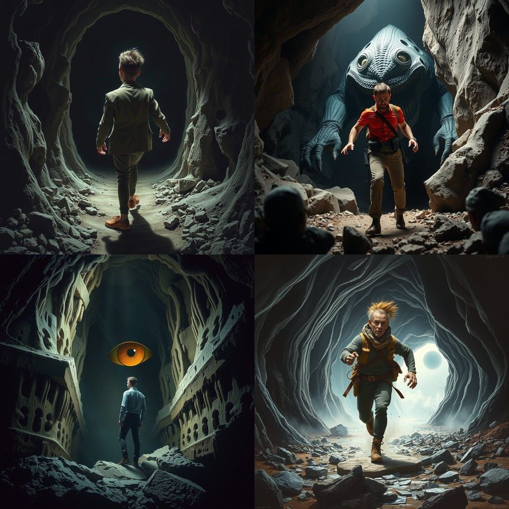 Man Fleeing from the Devouring Giant in a Dark Cave