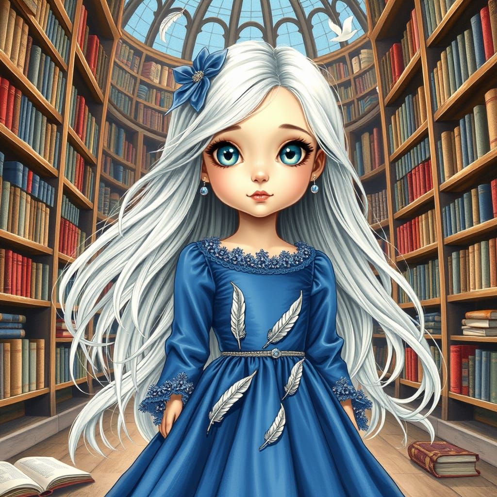 Whimsical Library Scene in Realistic Colored Pencil Style