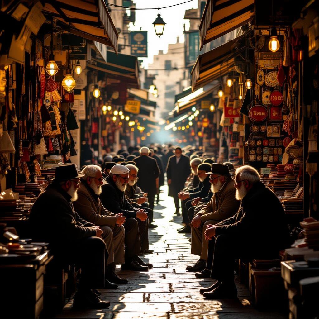 Elderly Israeli Men in Jerusalem Marketplace at Dusk