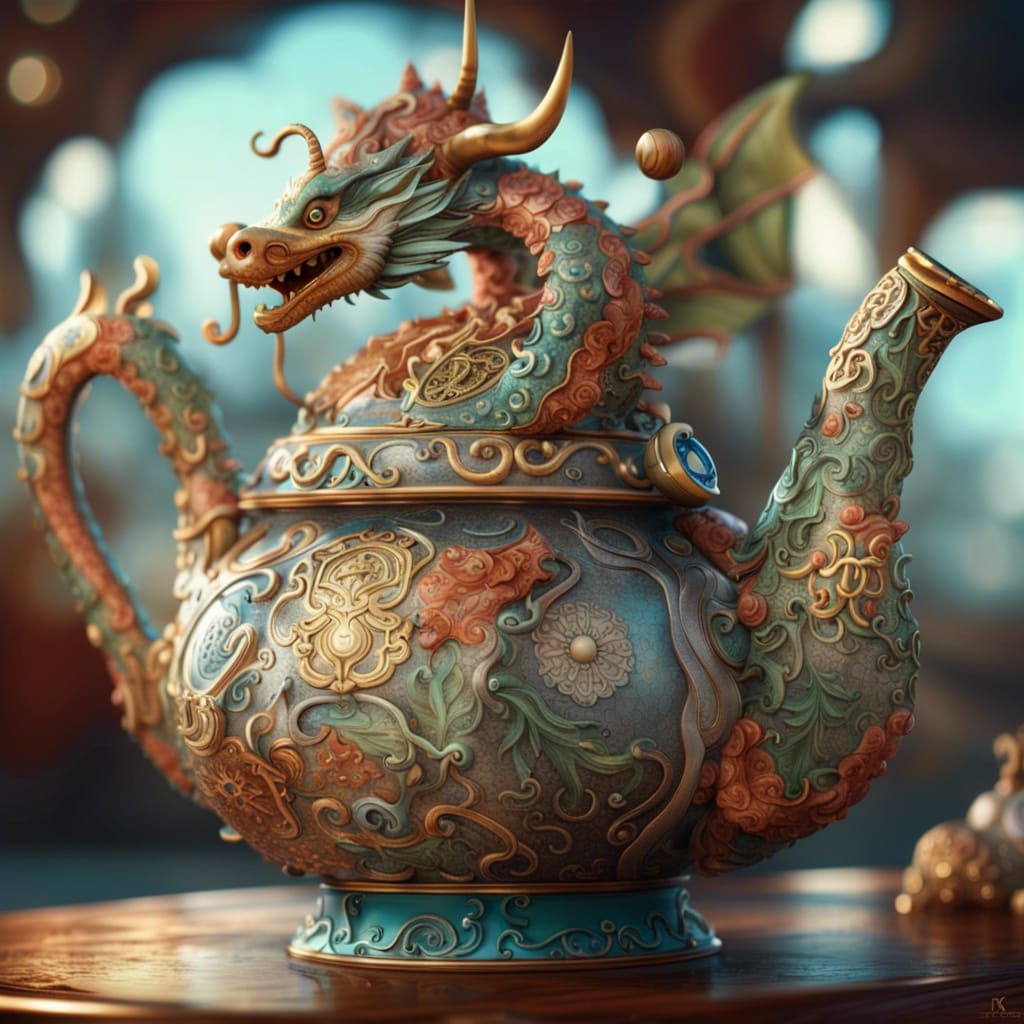 Whimsical Dragon Teapot in Art Nouveau Style
