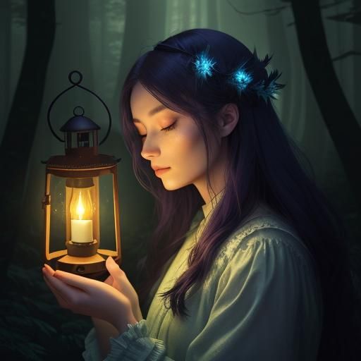 Girl with Lantern in Mystical Forest