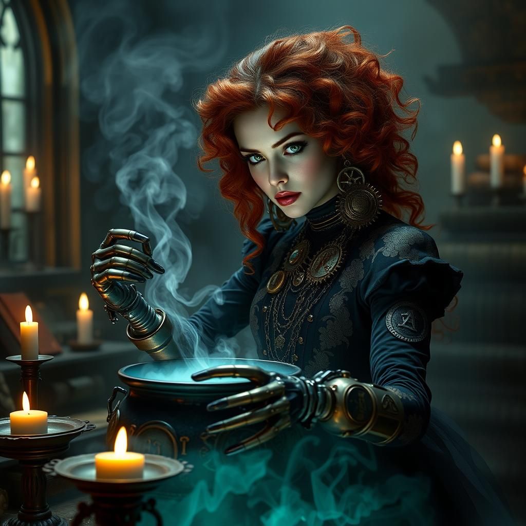 Cyborg Witch Concocting Potion in Dark Fantasy Style