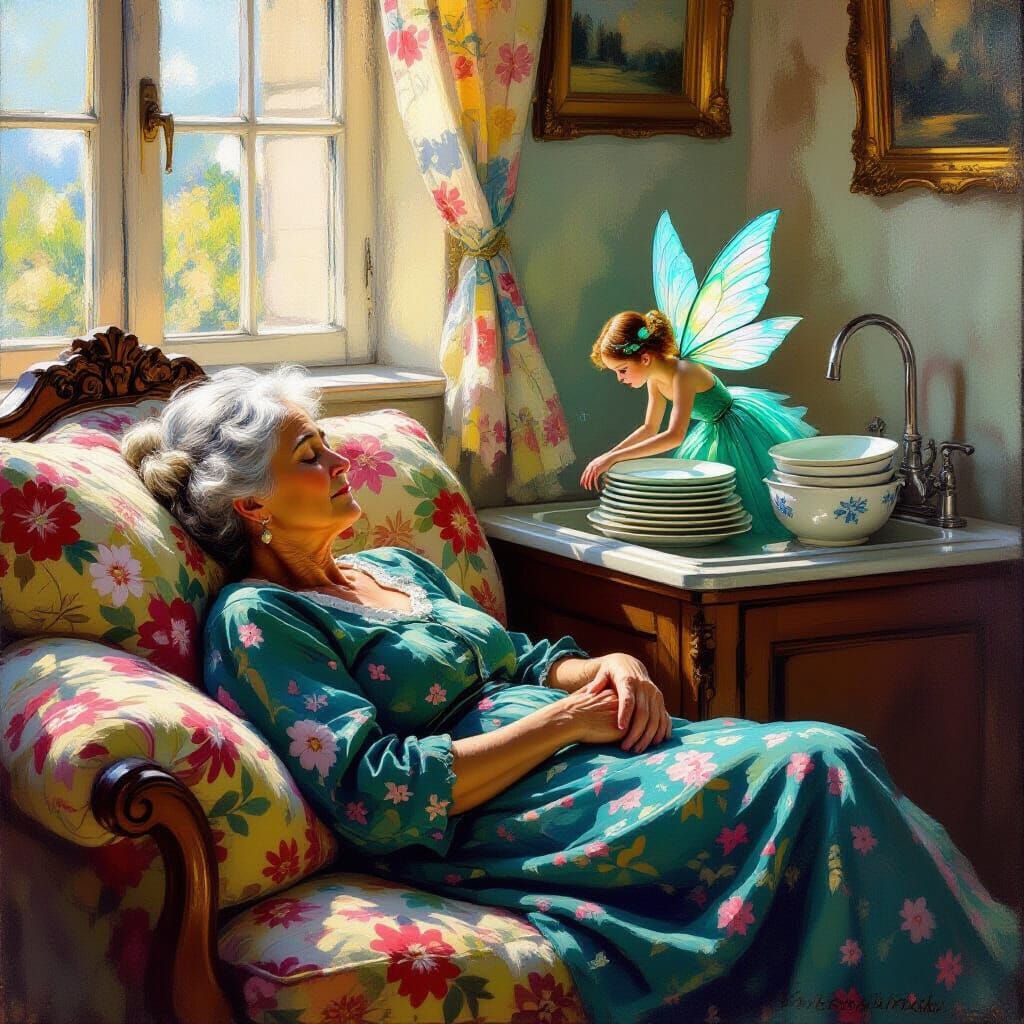 Elderly Woman Sleeps While Fairy Washes Dishes