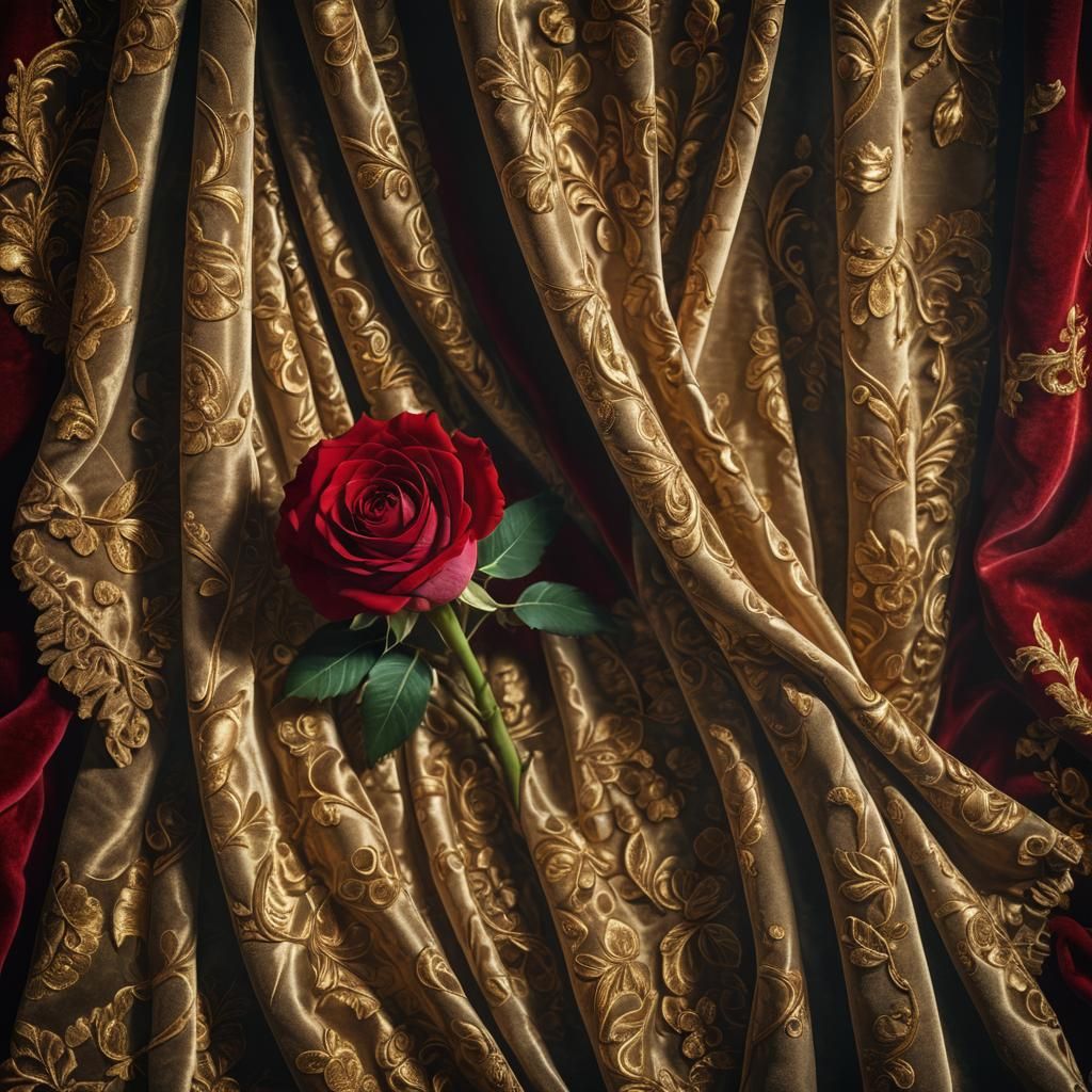 Baroque Still Life: Red Rose on Velvet Curtain