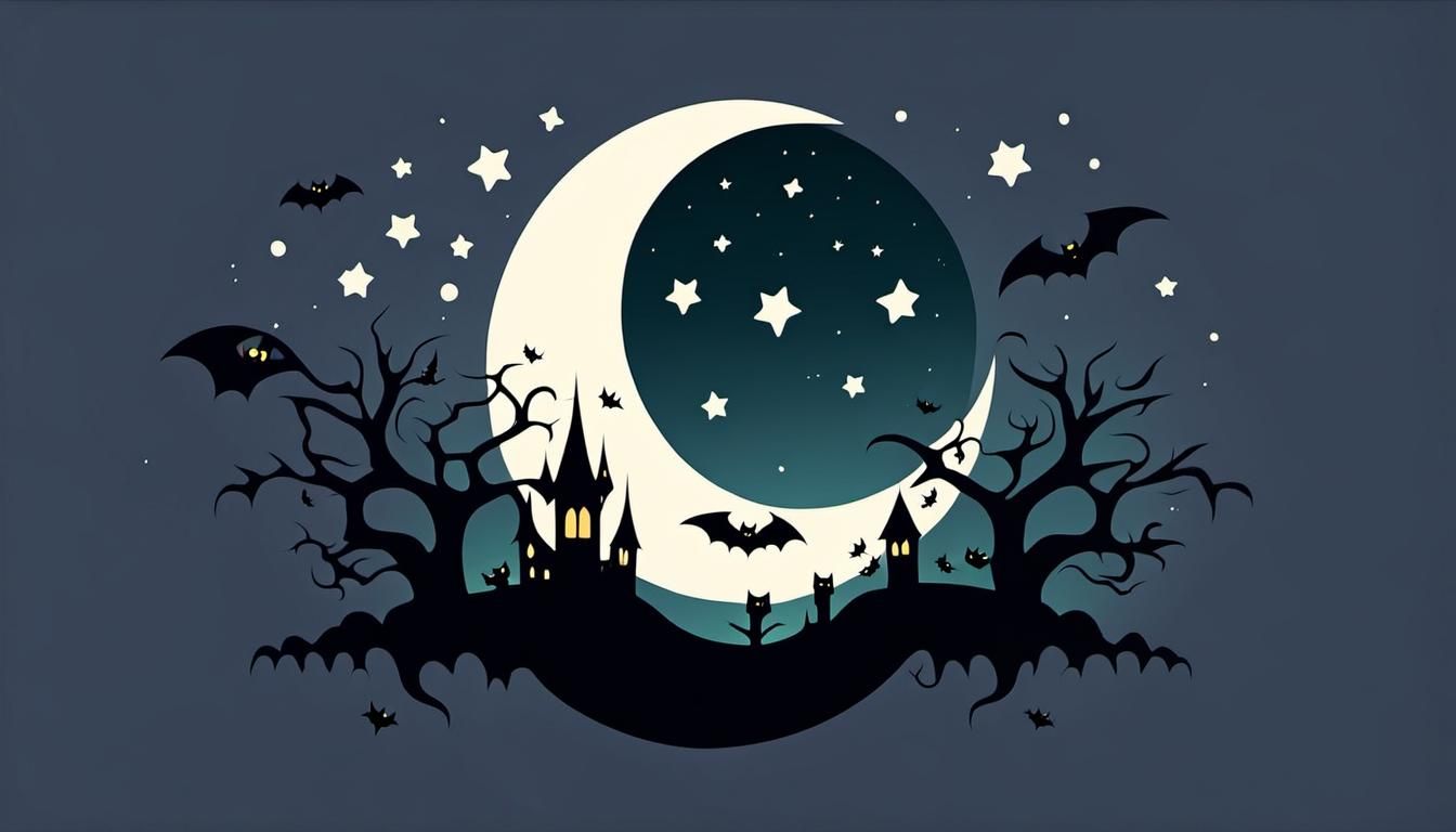 Cute Gothic Moon Vector Art with Bats and Stars