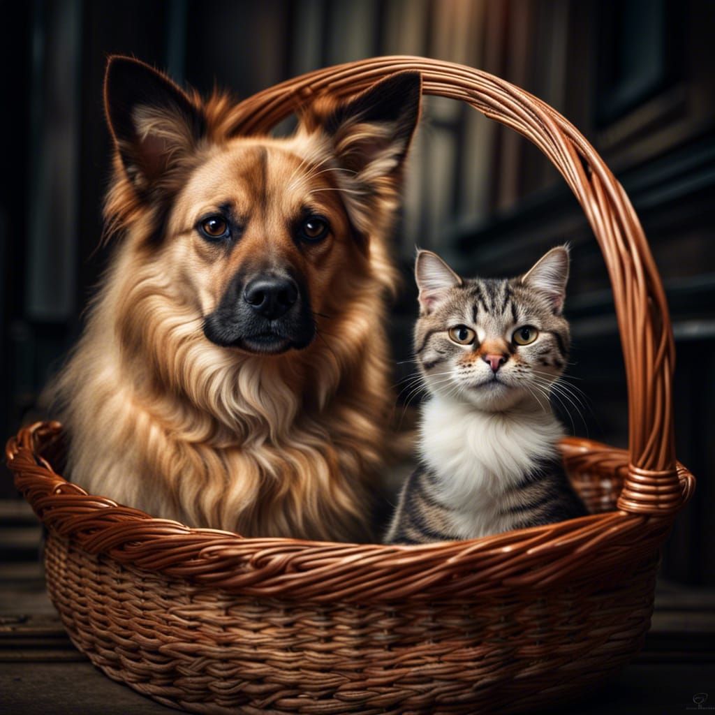 Dog and Cat Snuggle in Basket, Hyperrealistic