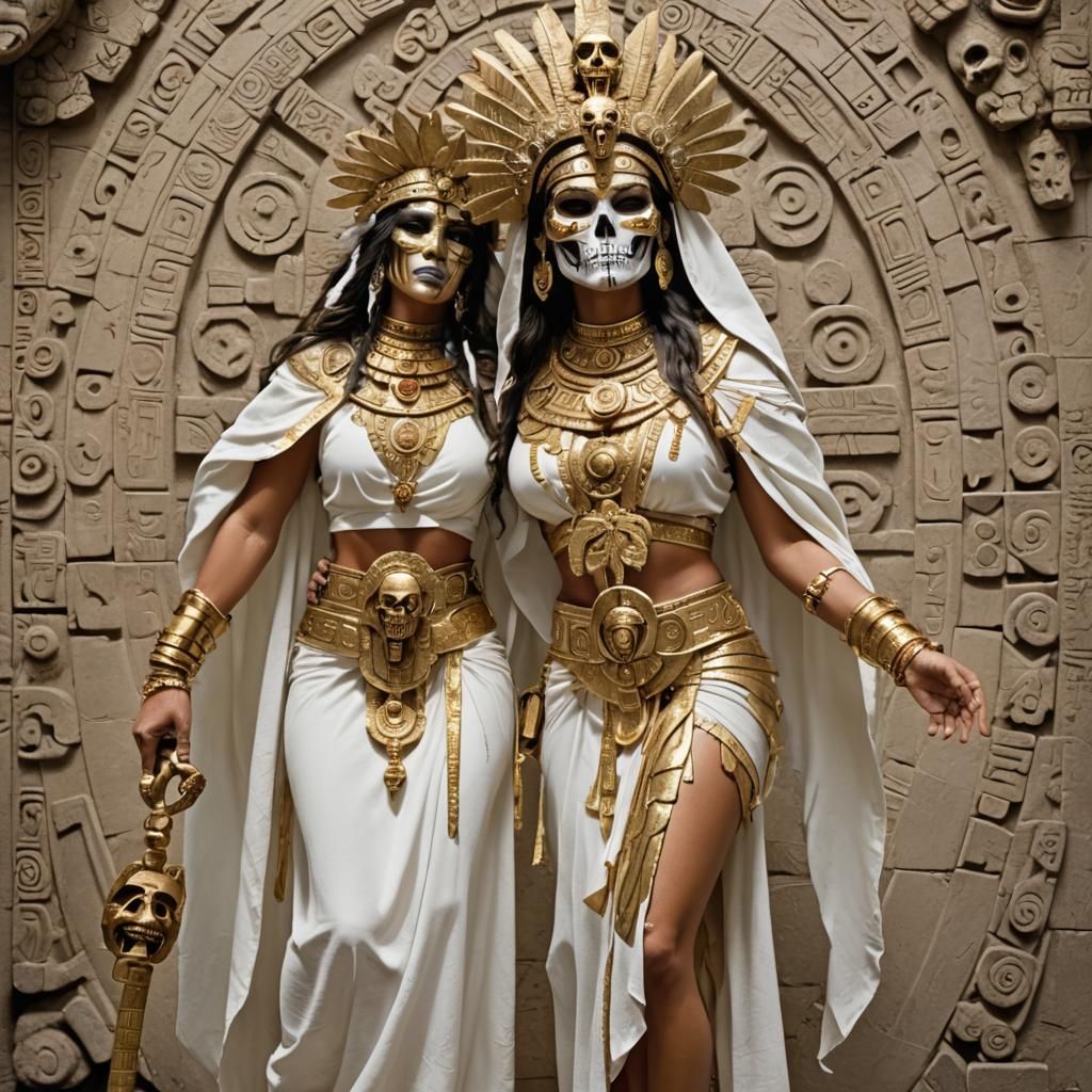 Coatlicue ancient Aztec Goddess, , dressed in white robes wi...