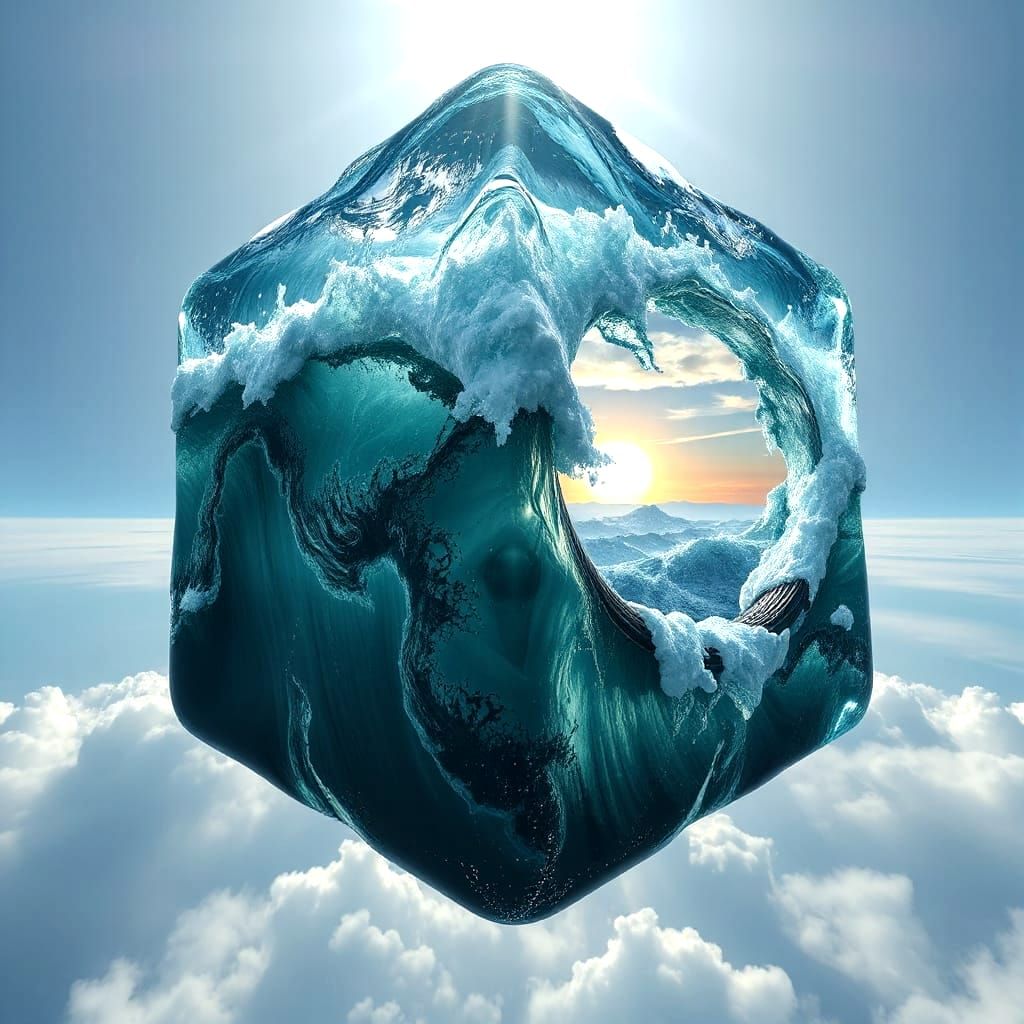 Surreal Cubic Ocean Hanging in Sky, Photorealistic