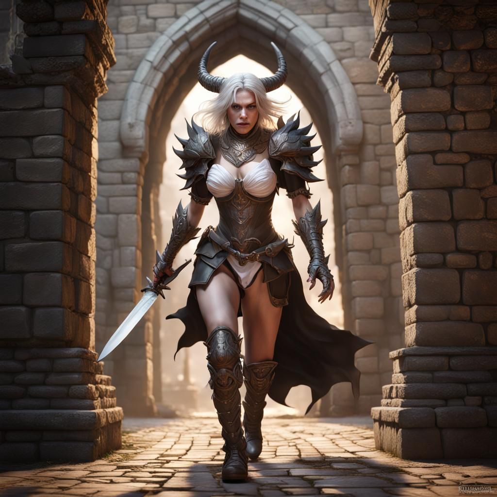 Demoness Running from Castle Entrance in Dark Fantasy Style