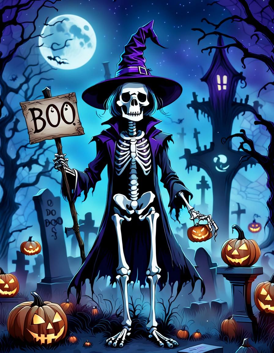 Halloween Skeleton in Graveyard: Spooky Digital Art