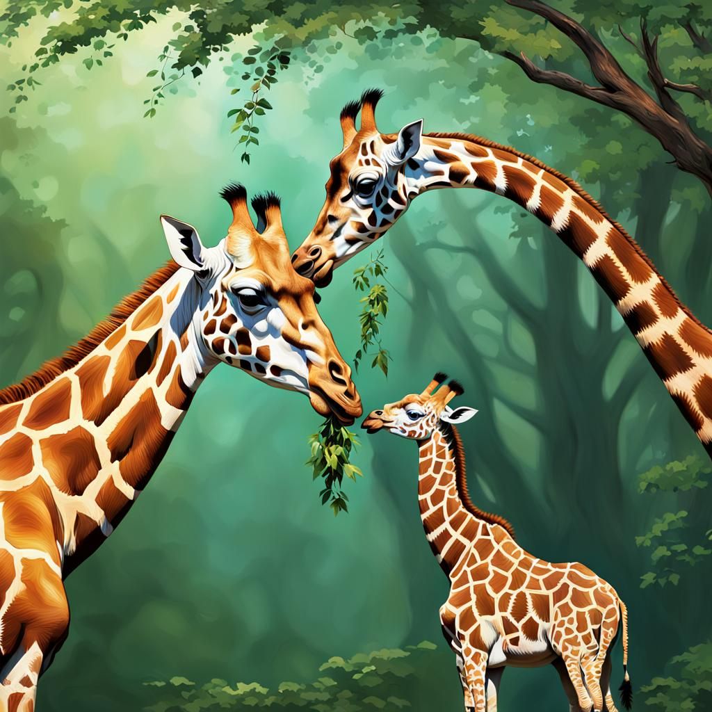 Giraffes Feeding in African Woodlands: Hyperrealistic Art