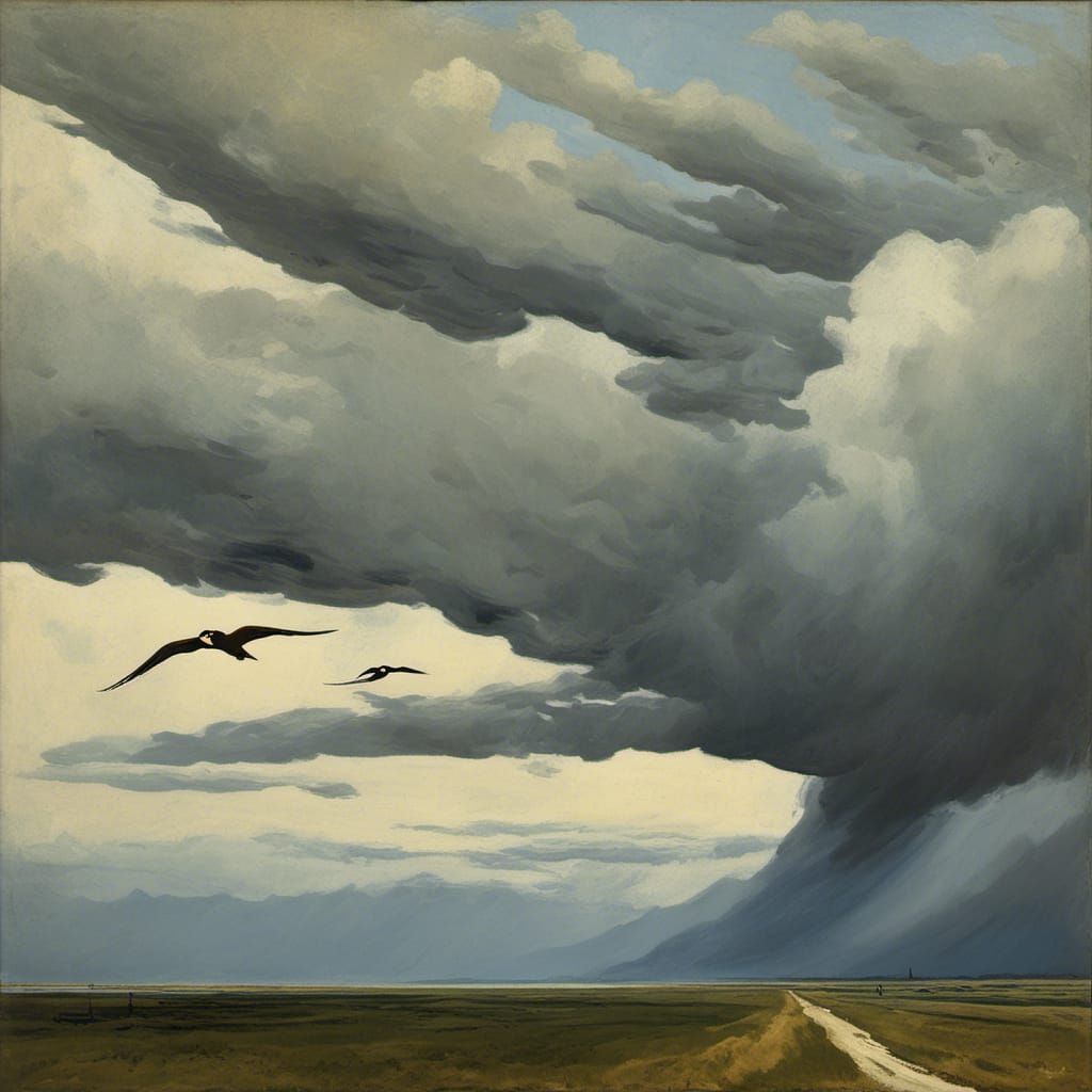 Swallow in Stormy Sky: Pre-Raphaelite Style