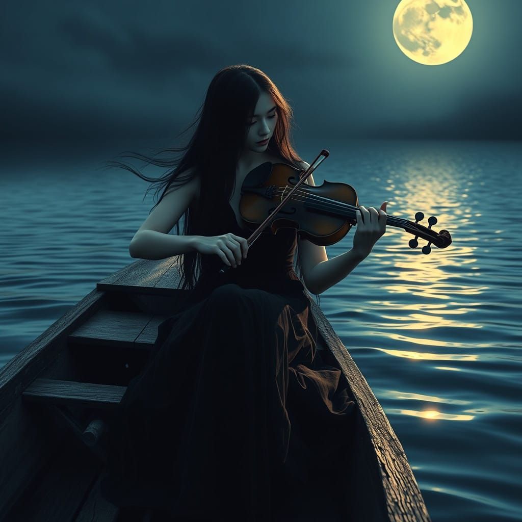 Serenely Playing Violin on a Weathered Boat at Night
