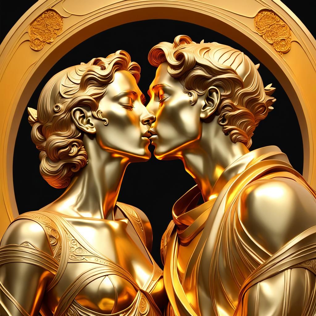 Golden Kiss Sculpture in Art Nouveau Style