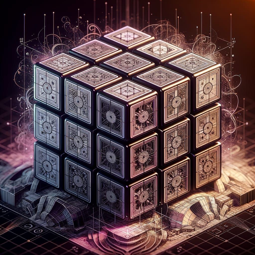 3D Rubik's Cube Schematic in Matte Painting Style