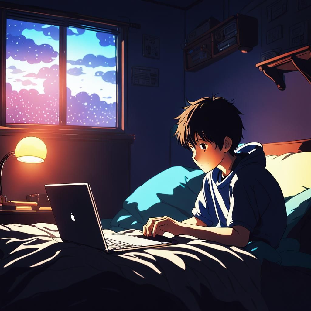 Boy Watching Anime: Cinematic Film Still