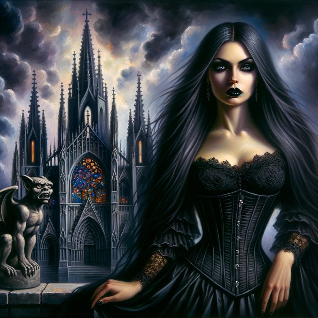 Elegant Gothic Woman Stands Before Majestic Cathedral in Chi...