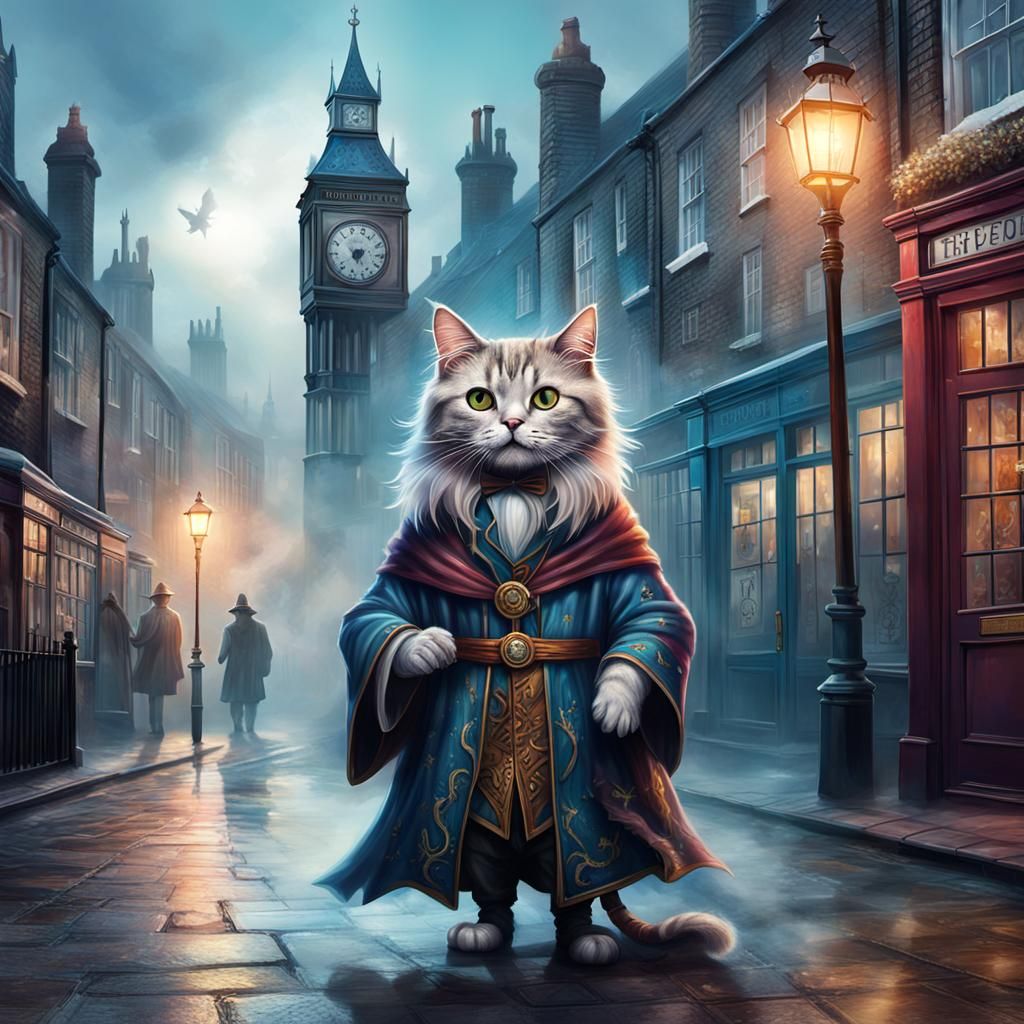 Wizard Cat in Misty London Street, Hyperrealistic Art
