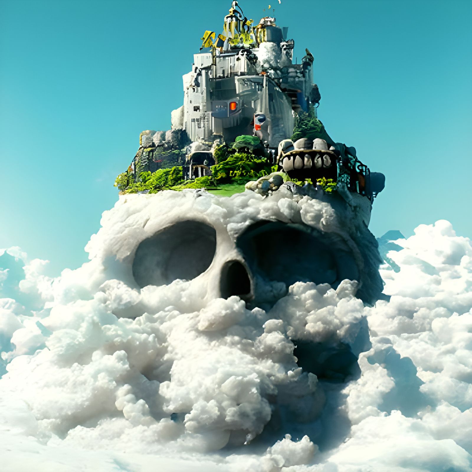 Floating Skull Island Castle: Ghibli-esque Fantasy Art