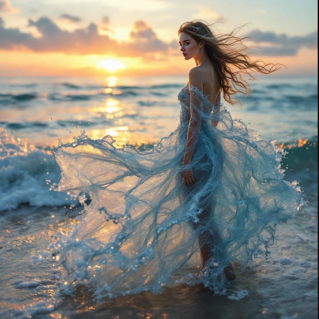 Woman in Wave Dress on Beach: Dreamy Digital Art