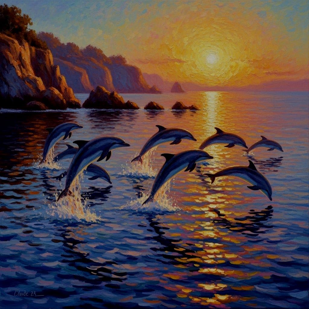 Impressionist Dolphins Leap in Sunset Waters Near Rocky Coas...