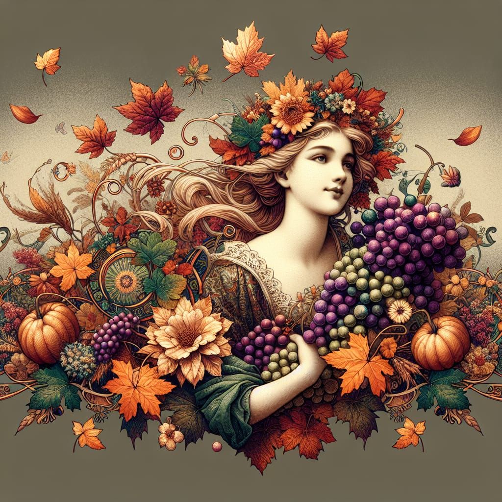 Art Nouveau Autumn Lady with Grapes