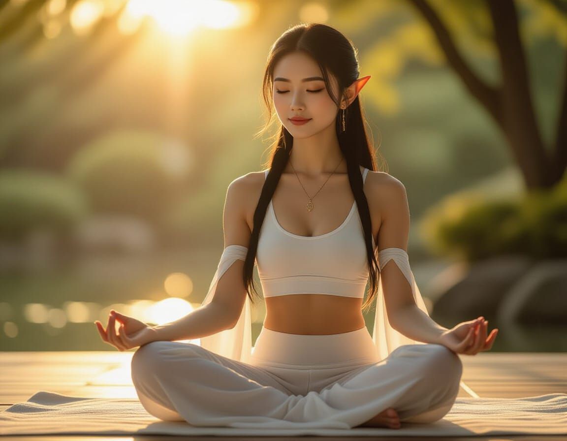 Asian Elf Woman Meditating in Golden Hour Light
